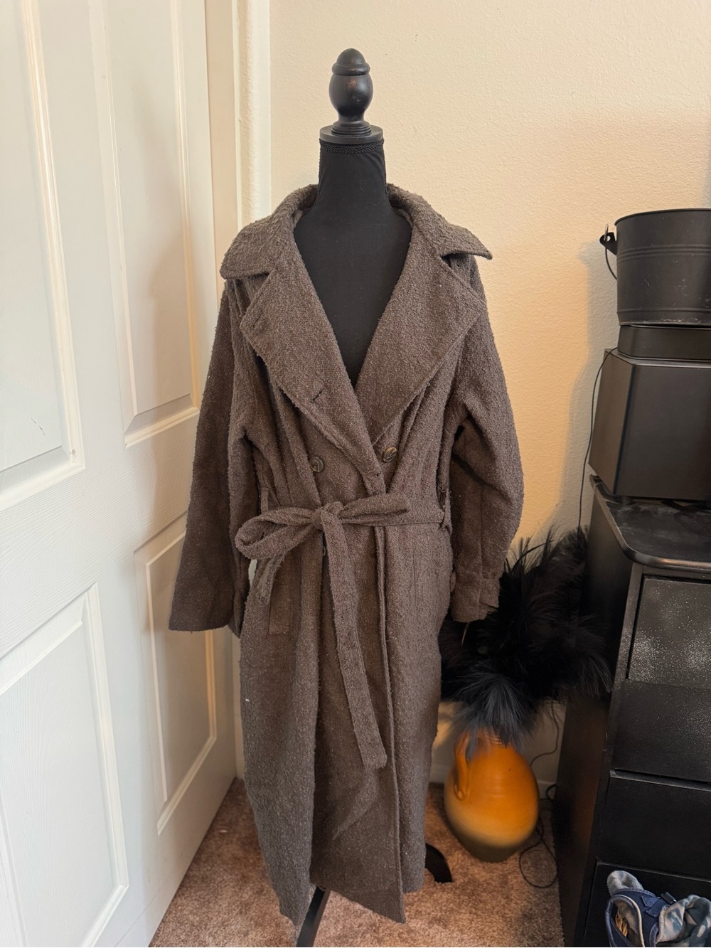 Textured Brown Long Belted Coat